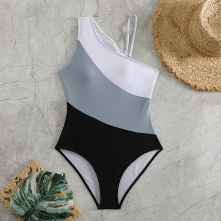 BSDJILFG One Piece Swimsuit for Women Color Blocked Swimwear Soft Cups Padded One Shoulder Mesh Slim Fit Bathing Suits Clearance