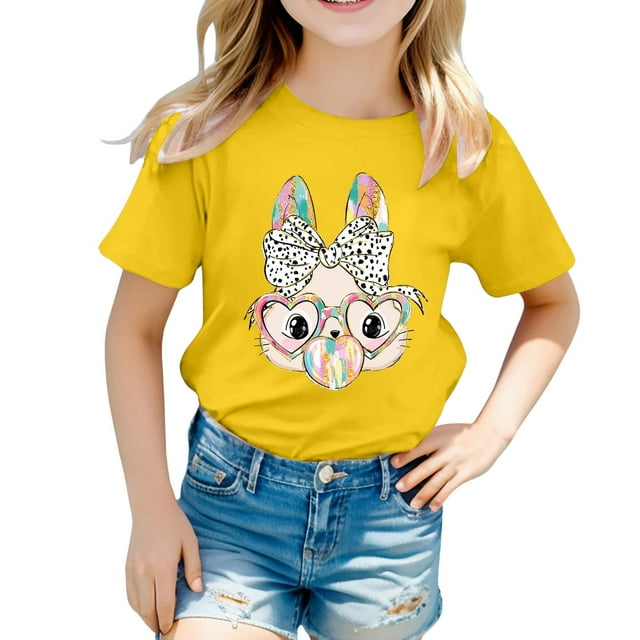 Toimothcn T-Shirts pour Filles Joyeuses Pâques Graphique Lapin Carotte Imprimé Manches Courtes Col Rond Doux Confortable Vêtements d'Été pour Filles 4-5 Ans
