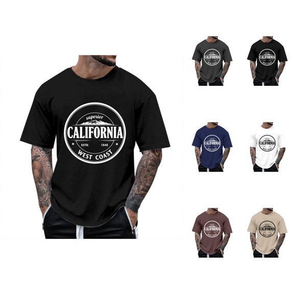 California Graphic Tees for Men 2026 Summer Casual Short Sleeve Crewneck T Shirts West Coast Streetwear