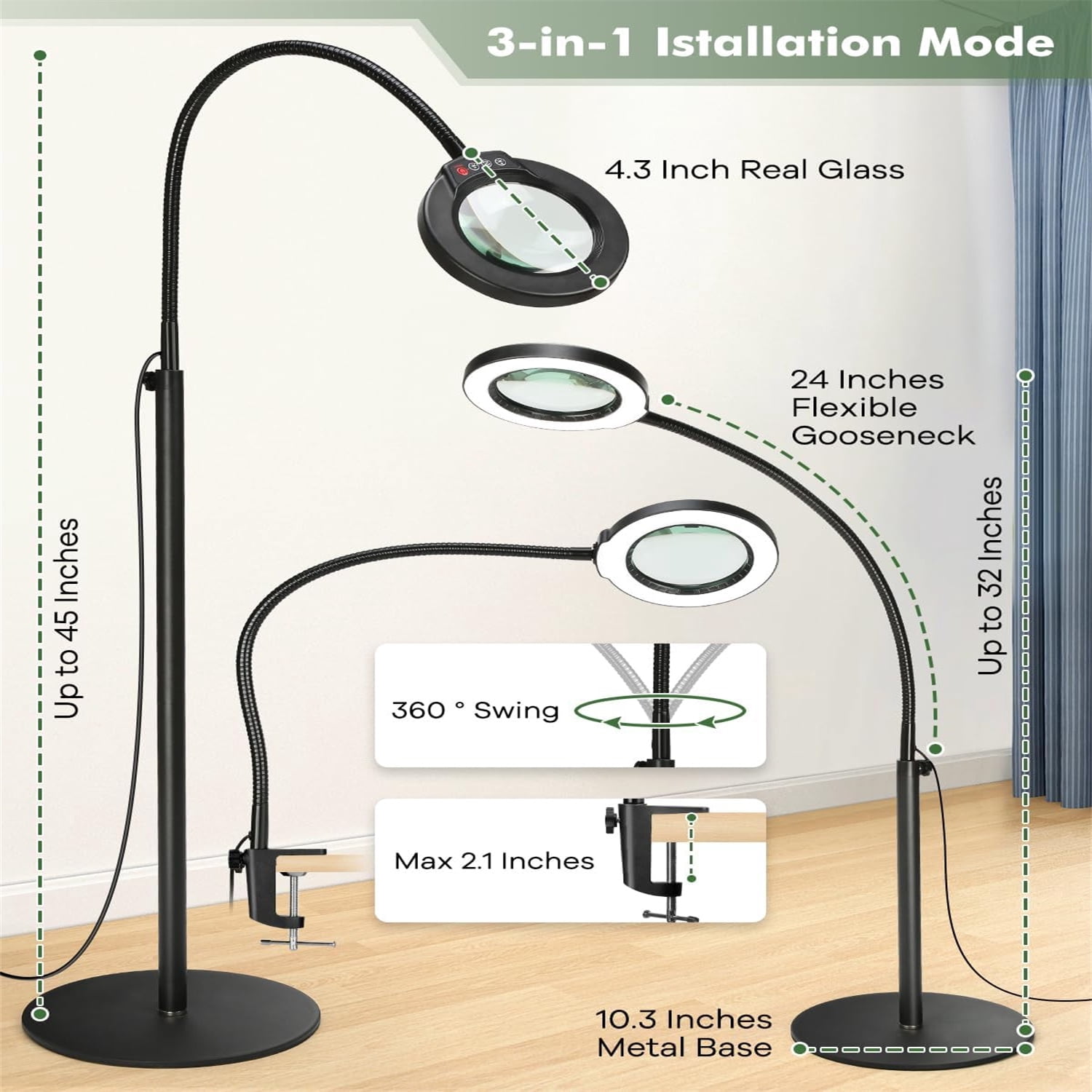 Veemagni Magnifying Glass with Light and Stand,  24" Flexible Gooseneck 5 Color Modes Stepless Dimmable Magnifying Floor Lamp, 3-in-1 Adjustable Lighted Magnifier Hands Free for Close Works, Craft