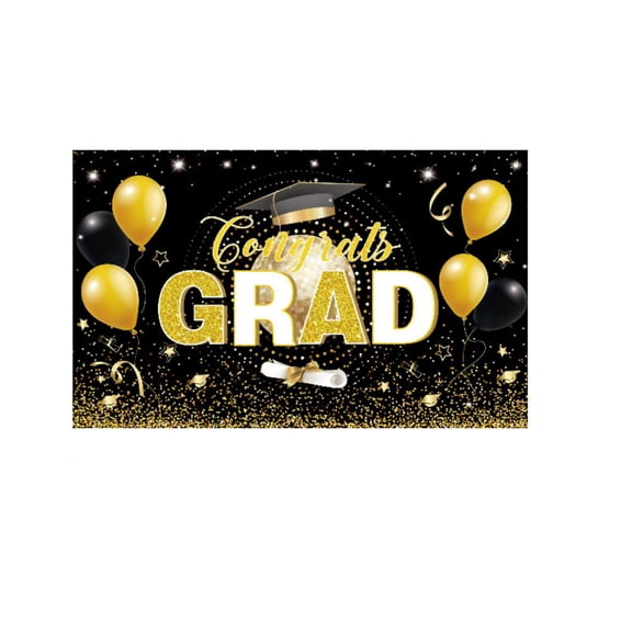 Congrats Grad Graduation Party Banner - Gold Balloons, Grad Cap, Black & Gold Glitter Design for Indoor Gatherings, Outdoor Party Backdrops, Graduation Celebrations
