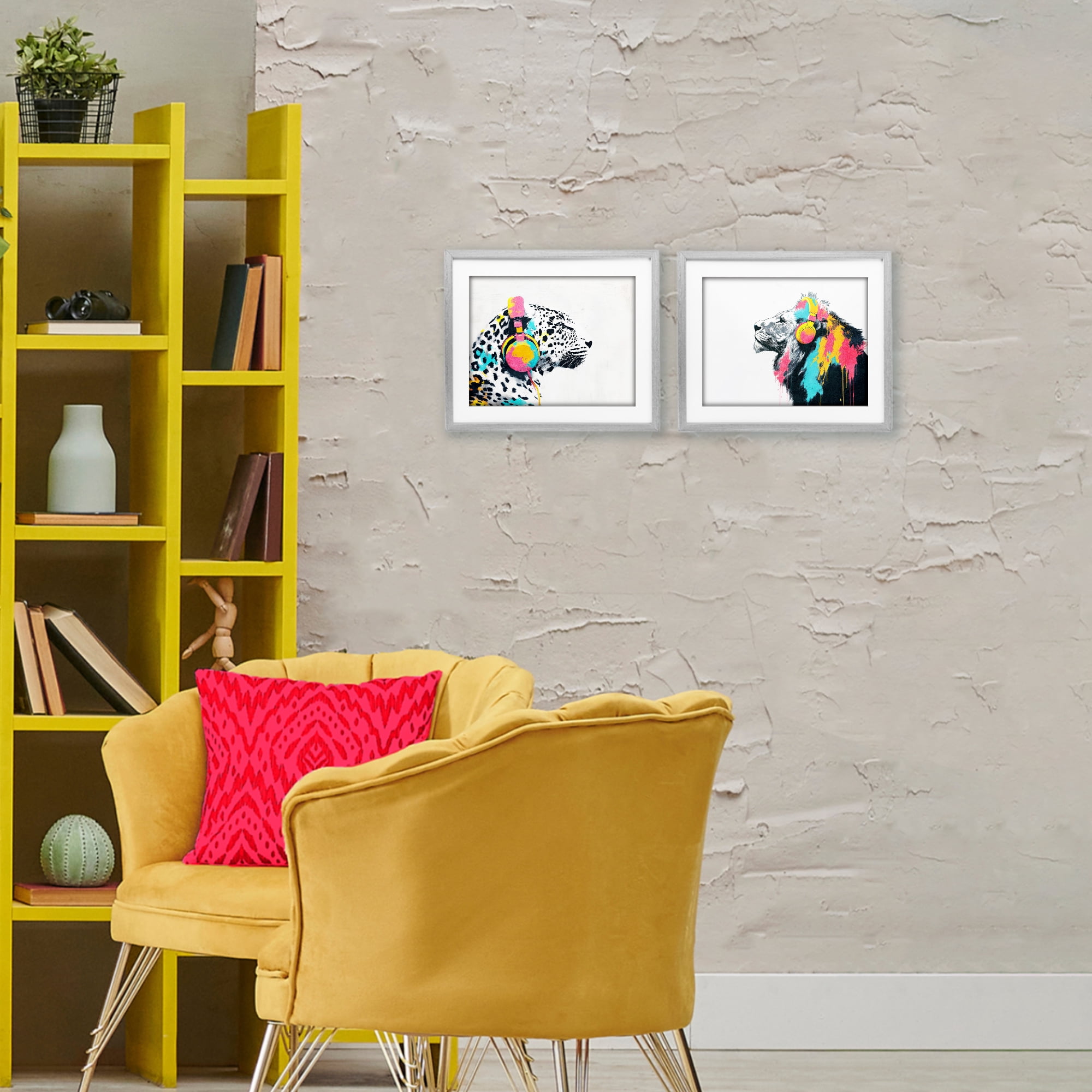 Stupell Industries Leopard and Lion On Air 2 Piece Gray Framed Print Under Glass Set, design by Svetlana Aleynikova