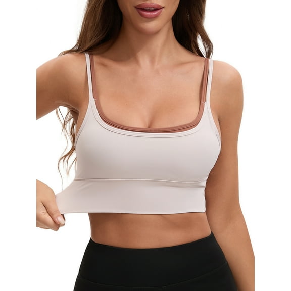 INSPIRE CHIC Women's Double Spaghetti Strap Slim Fit Longline Full Coverage Workout Padded Sports Bras M Khaki