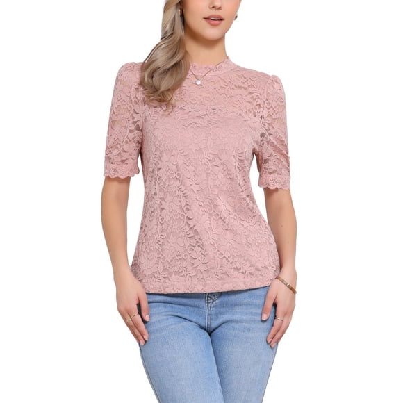 INSPIRE CHIC Floral Lace Top for Women's Mock Neck Puff Short Sleeve Elegant Lace Blouse Tops M Dark Pink