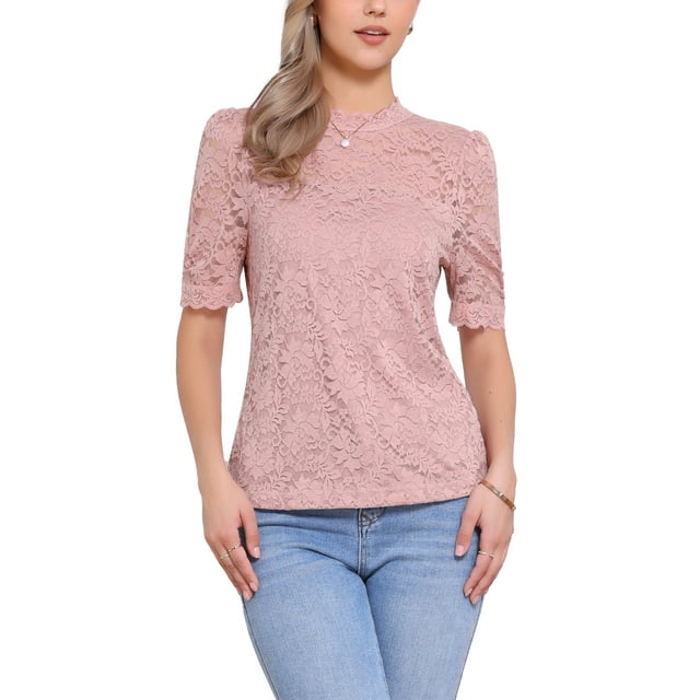 INSPIRAR CHIC Top de Encaje Floral para Mujeres con Cuello Mock, Manga Corta Abullonada, Blusa Elegante de Encaje, Talla L, Rosa Oscuro