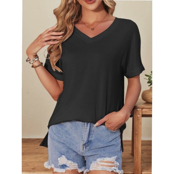 Women's V Neck T Shirts Casual Rolled Short Sleeve Side Split Summer Tops Loose Fit