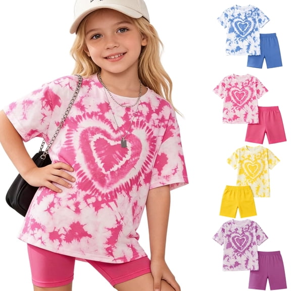 SGMVNU Girls Summer 2 Piece Outfits Tie Dye Short Sleeve Loose T-Shirts and Elastic Waist Biker Shorts Kids Clothing Sets, Size 7-8 Years, Red
