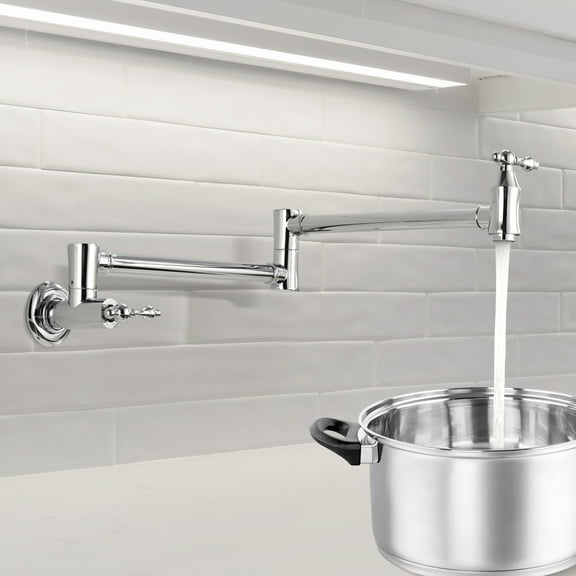 Wall Mount Kitchen Pot Filler Faucet,Brass Folding Stretchable with Double Joint Swing Arm Single Hole Two Handles