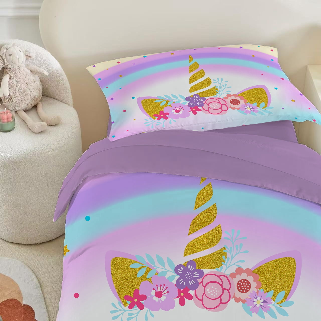 Toddler Bedding Sets for Babys Boys Girls Kids Rainbow Star Blue Purple Unicorn Toddler Crib Comforter Set Flat Sheet Fitted Sheet and Pillowcase 4 Pieces