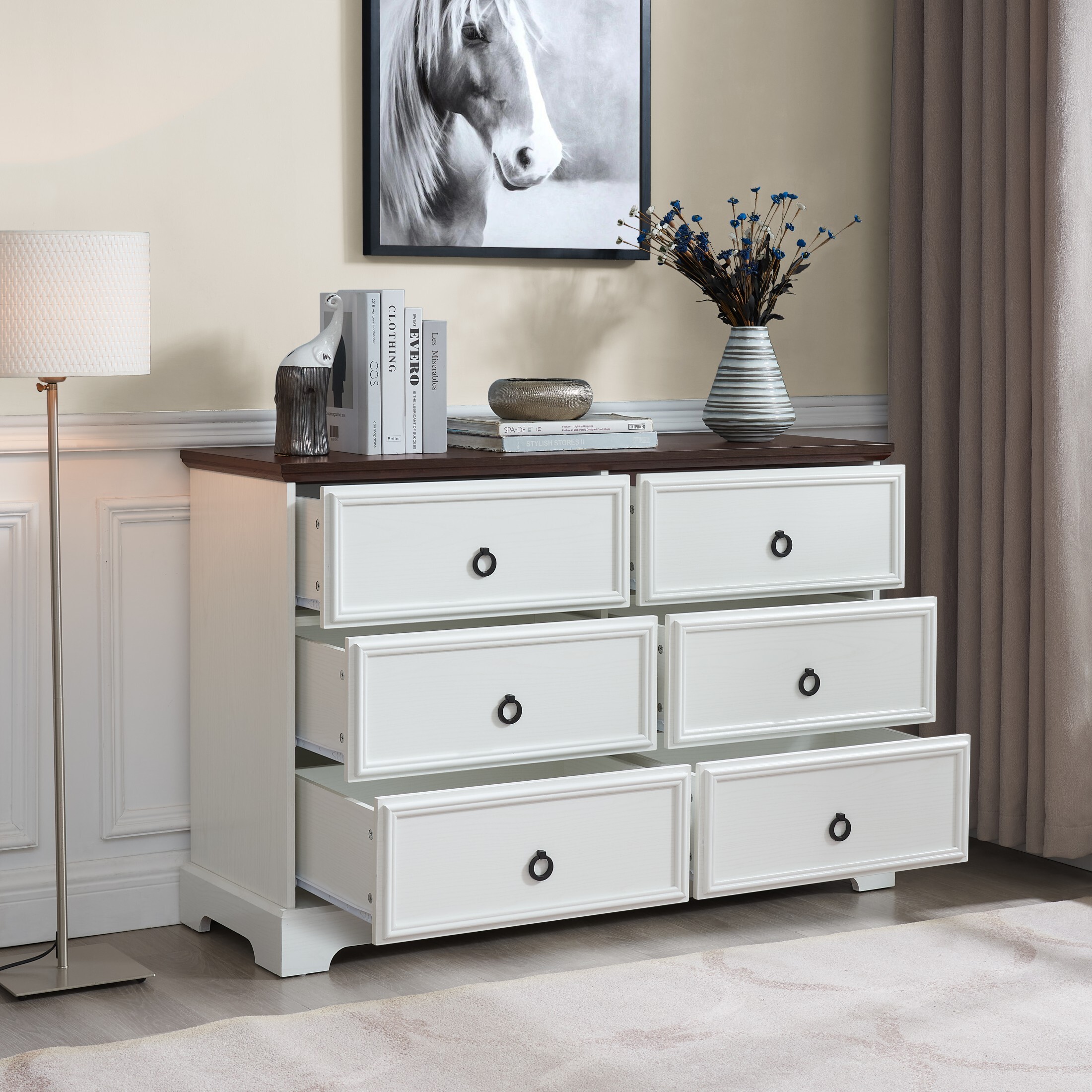 DEALTOPS Farmhouse 6-drawer Dresser, Versatile Chest of Drawers for Living Room or Bedroom, White