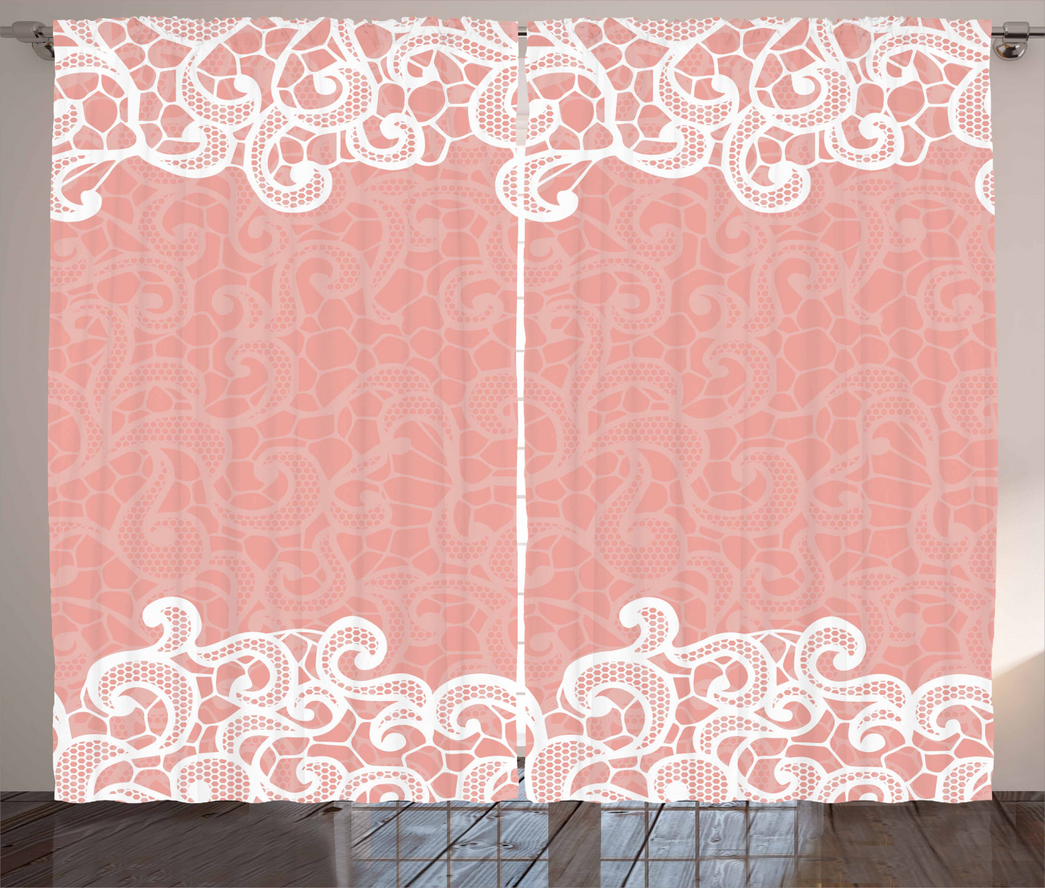 Peach Curtains 2 Panels Set, Lace Design on Soft Colored Background