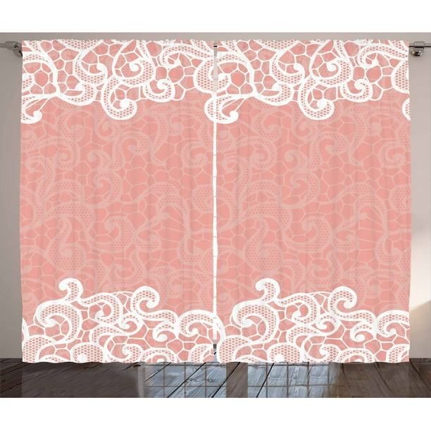 Peach Curtains 2 Panels Set, Lace Design on Soft Colored Background