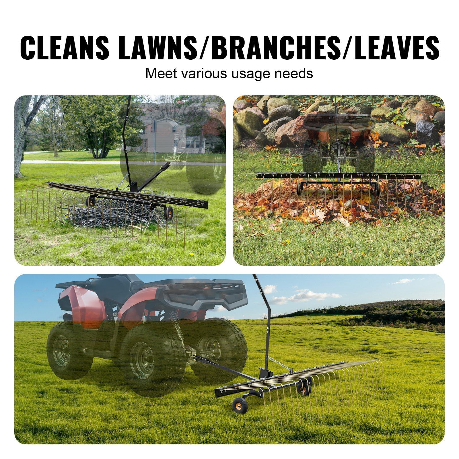 60 Inch Tow Behind Dethatcher with 24 Steel Tines Lift Handle for ATV Mower Lawn Rake Leaves Pine Needles Grass