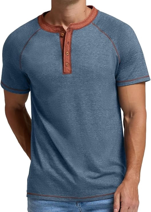 Classic henley style Three button henley closure, Mens Henley Short Sleeve T-Shirt Cotton Casual Shirt Mens ShirtsSummer Daily T-Shirts Blue L