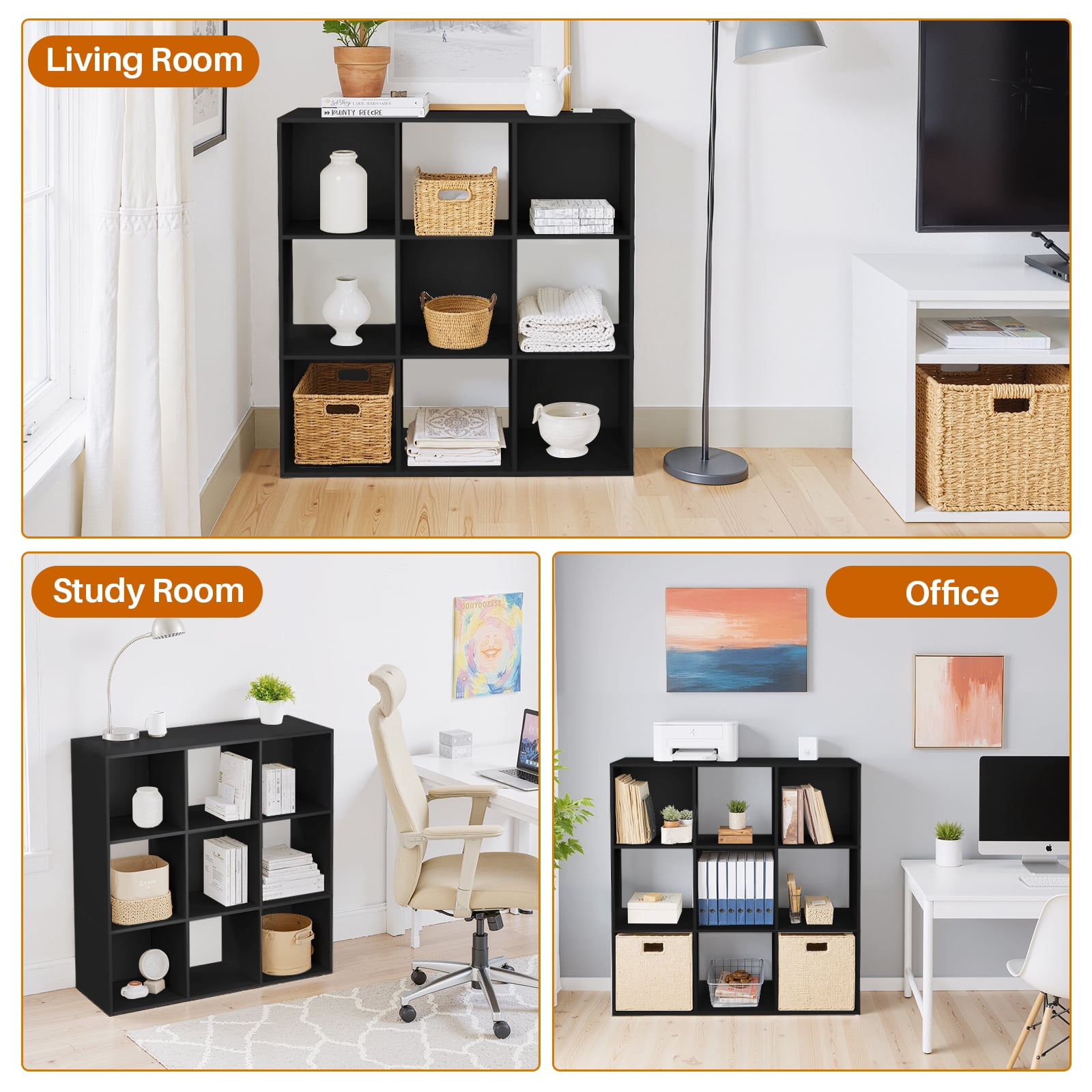 Simenmax 9 Cube Storage Organizer, Bookshelf with 5 Removable Back Panels for Living Room, Bedroom, Home Office, Black
