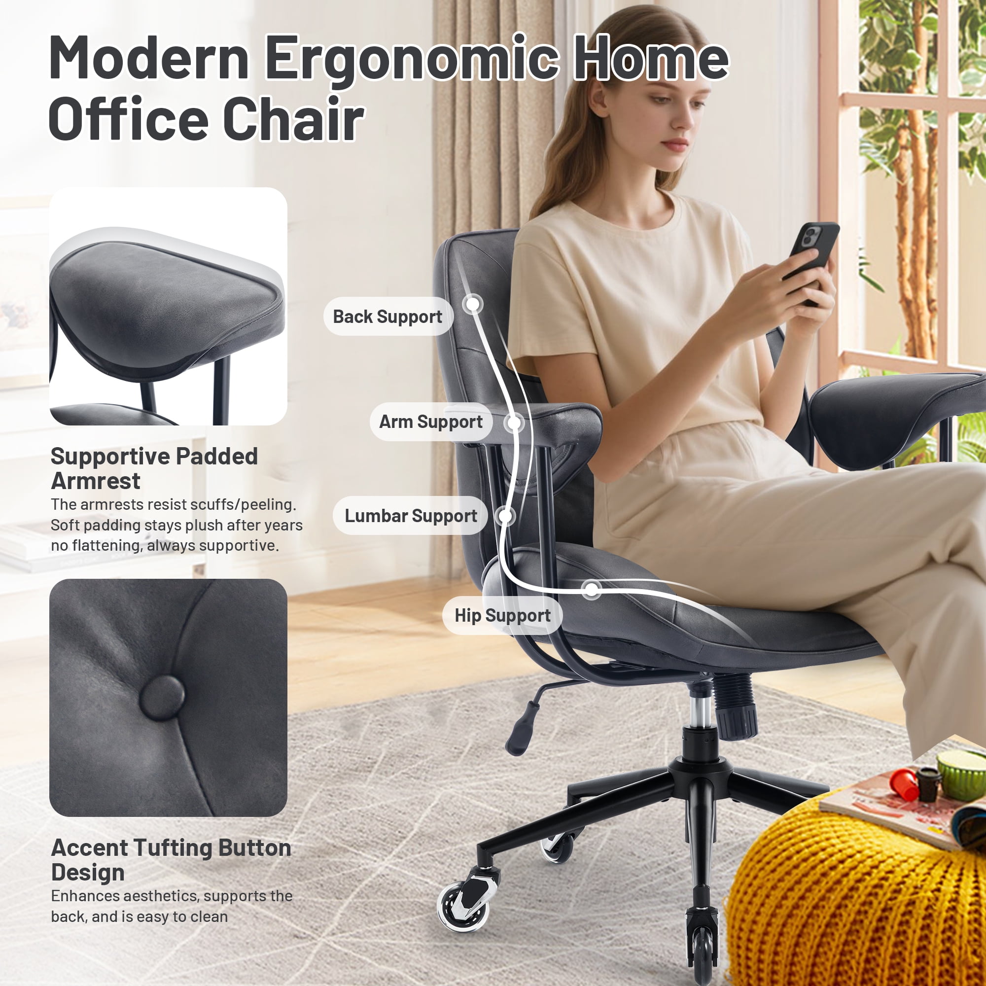 Mid Century Modern Office Desk Chair with Wheels and Arms, Mid Back Ergonomic Office Chair with Lumbar Support, Swivel Leather Computer Desk Chair for All Day Comfort