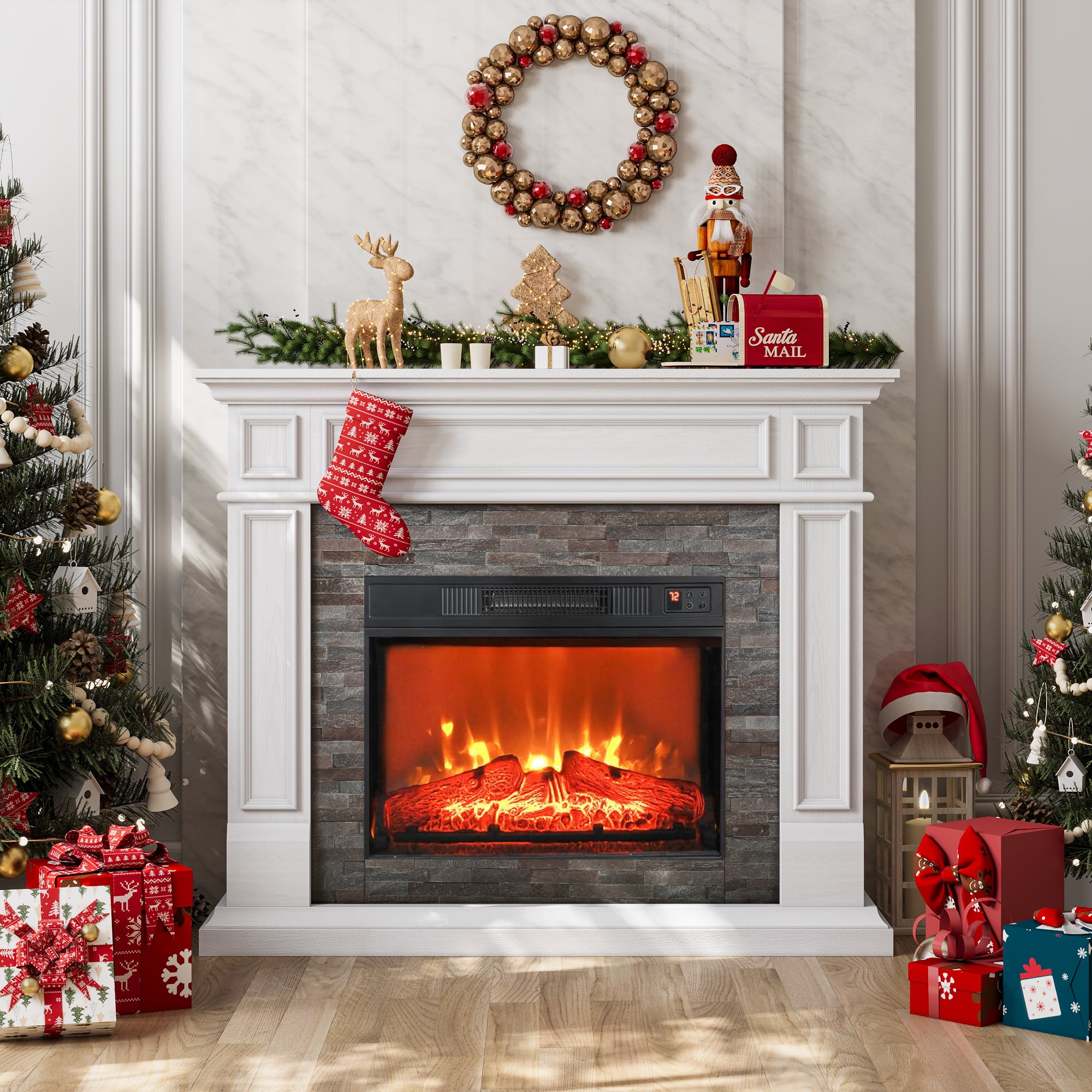 HolliWill Electric Fireplace with Mantel, Fireplace Heater with Stacked Stone Surround Firebox, Infrared Quartz Heater with Adjustable Led Flame, White