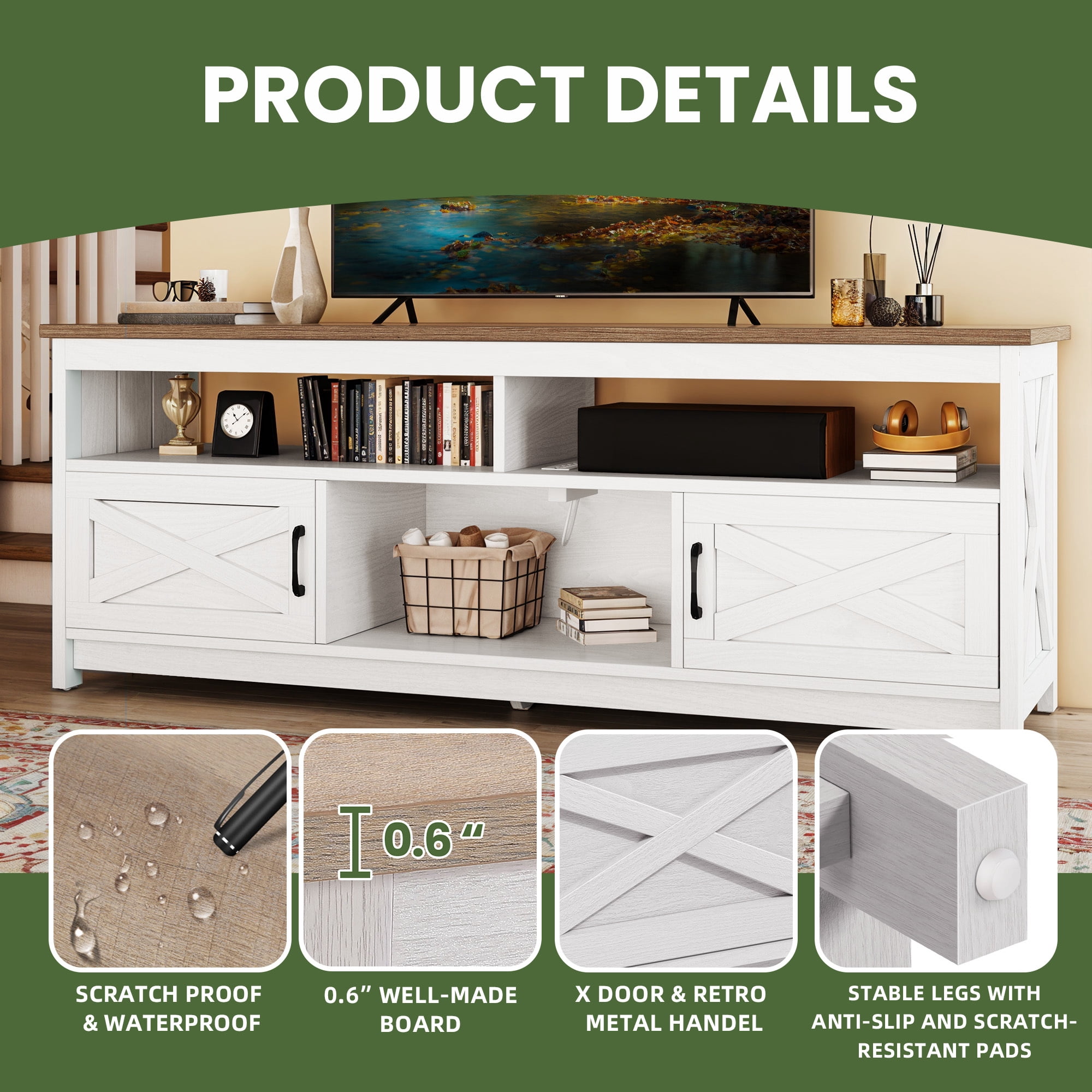 Uforic 65 Inch Farmhouse TV Stand Fits 70/75 Inch Flat Screen TV with RGB Ambient Light, Cable Holes, Built-in Power Station & Multi Storage Space for Living Room, Beige+White