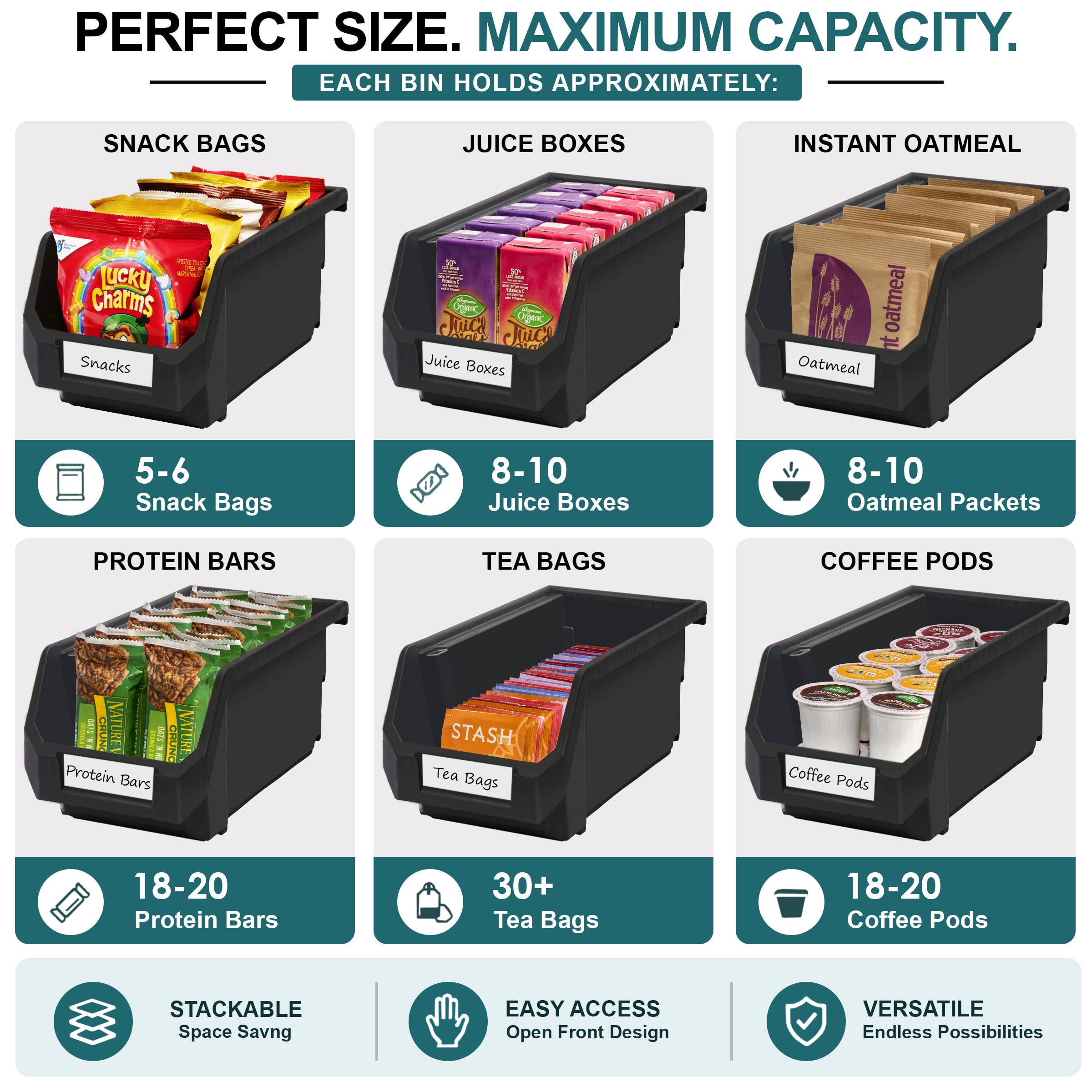 Sorbus Black Stackable Storage Bins 8-Pack, Open Front Organizers for Pantry, Closet, and Office
