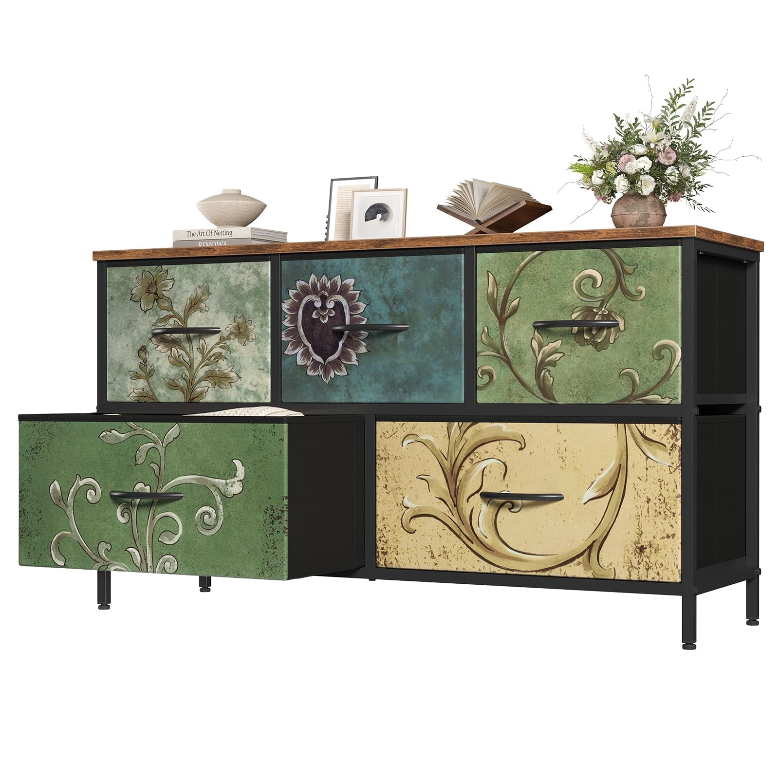 Telyra 5-Drawer Fabric Dresser TV Stand Organizer with Wood Top and Metal Frame, Floral Painted