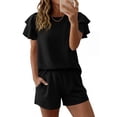 thumbnail image 4 of Plus Size Two Piece of Outfits for Womens Summer Solid Color Slim Round Neck Short Sleeved Shorts Set, 4 of 5