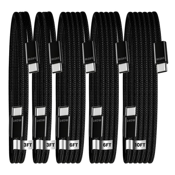 USB C to USB C Charger Cable, 240W [3/3/6/6/10ft] 5 Pack Fast Charging Cord, Braided Type C to Type C High Speed Wire Compatible for MacBook Pro iPhone 17/16/15, iPad Pro, Samsung Galaxy-Black