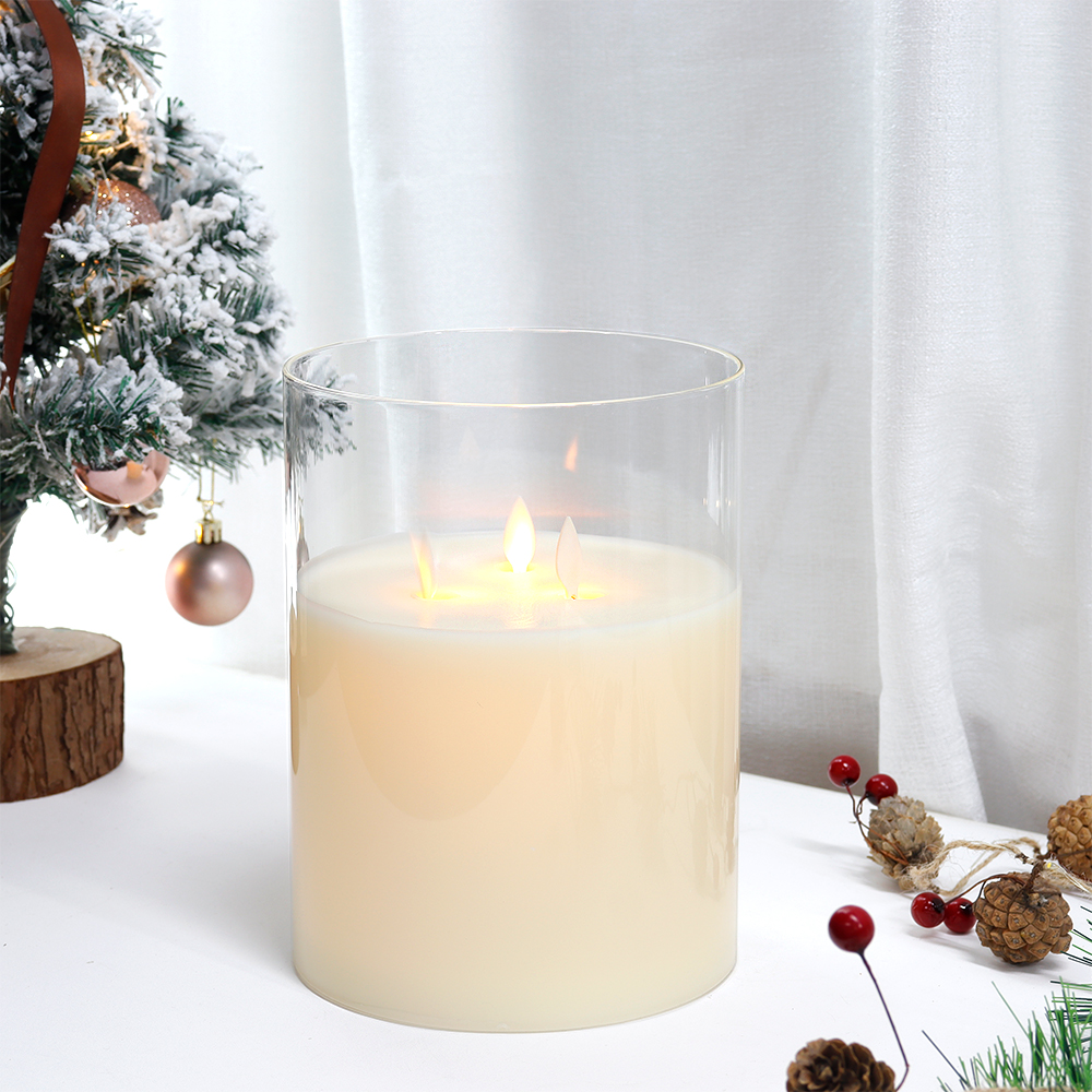 JHY DESIGN 3-Wick Flicker LED Flameless Pillar Candles with Timer, Real Wax, Battery Operated, 8'' High