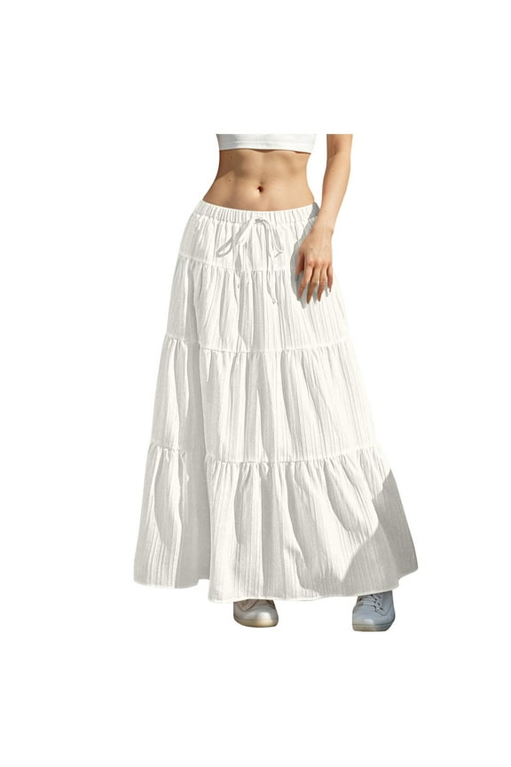 Skirts for Women Summer Boho Flowy Swing Tiered A-Line Maxi Skirt Flowy Skirts for Women Elastic Waist Casual Long DressWhite,S