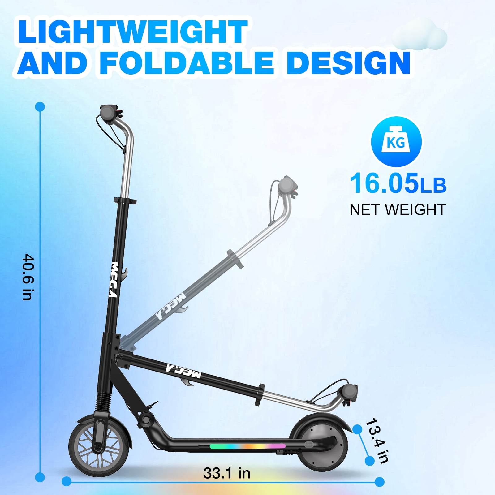 Mega Motion ME1 Electric Kids Scooter – Children and Toddler Foldable Kick Scooter – Adjustable Handlebar – Indoor and Outdoor - 3 Speed ​​Adjustment, with LED Lights & Rear Brake – Ages 6+