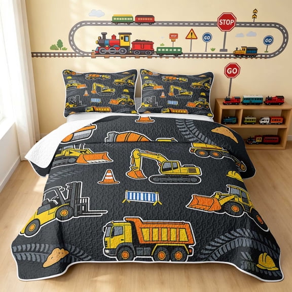 Erosebridal Construction Vehicle Twin Quilt Set, Excavator Twin Coverlet Set, Dark Gray 2 Pieces 1 Bedspread and 1 Pillowcase