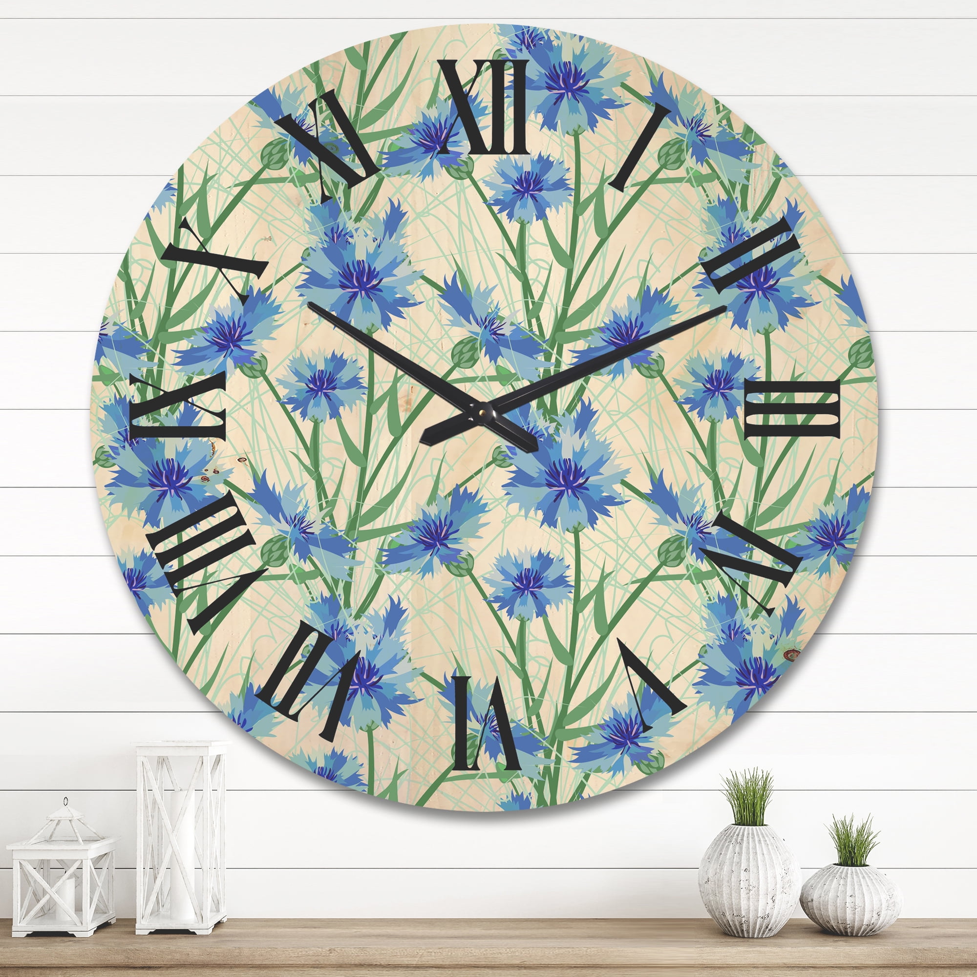 Designart 'Blue Cornflowers With Green Leaves On White I' Traditional Wood Wall Clock