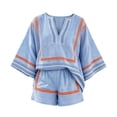 thumbnail image 5 of Girls Summer 2 Piece Outfits Striped V Neck 3/4 Sleeve Loose Fit Top and Elastic Waist Shorts Set Trendy Color Block Matching Sets Casual Resort Wear Beach Vacation Travel Outfits, 5 of 5