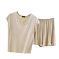 thumbnail image 5 of PNTUTB Women's Solid Color Lightweight V Neck Short Sleeve Top with Elastic Waist Shorts Casual Comfort Pajama Set, 5 of 6
