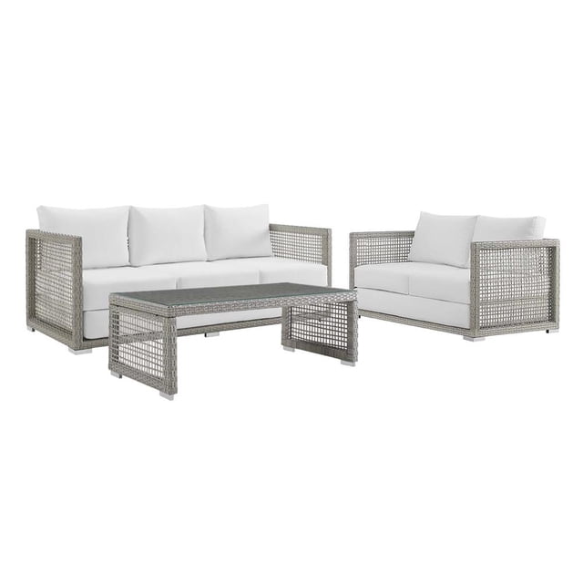 Modway Aura 3-Piece Modern Outdoor Patio Furniture Wicker Rattan Set in GrayWhite