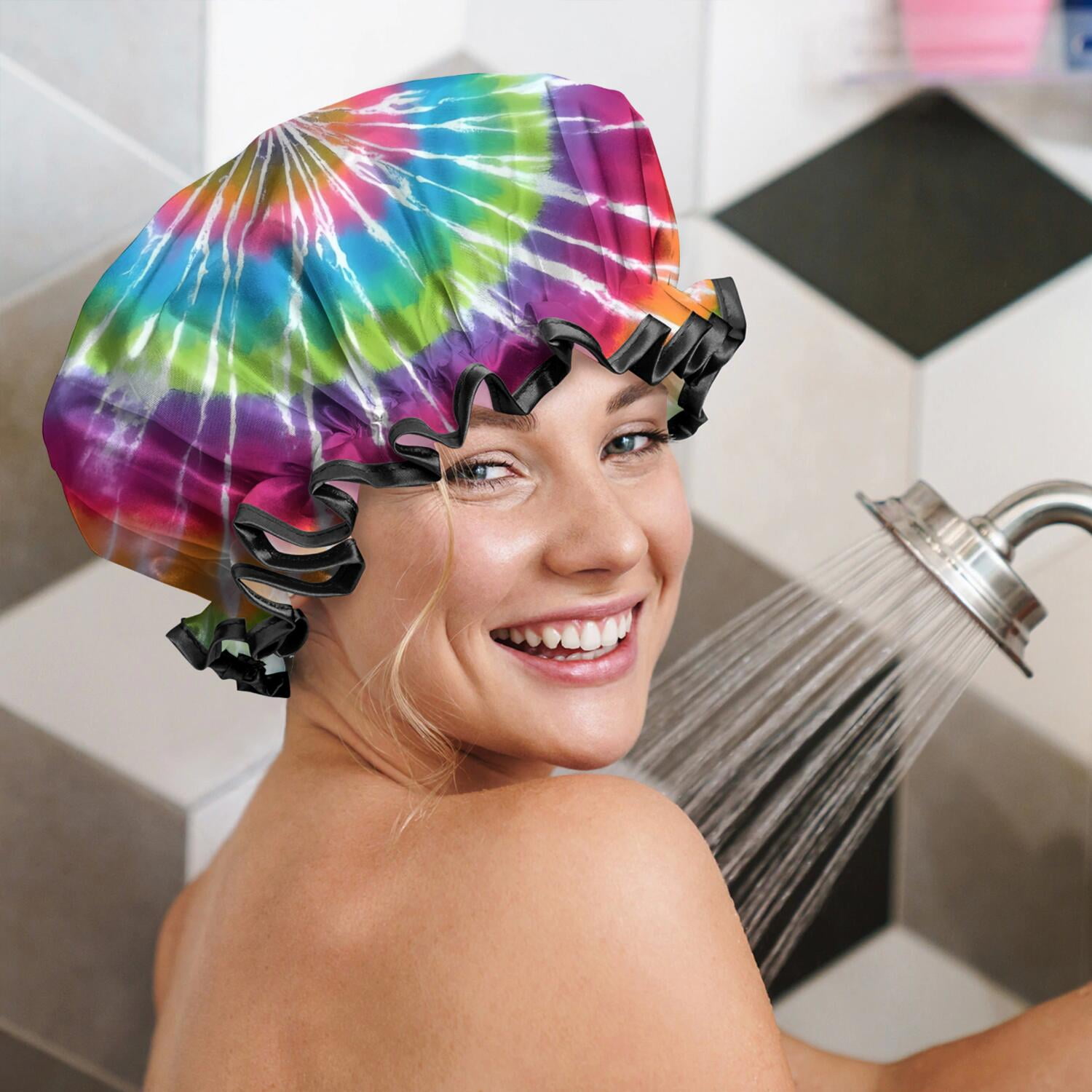 Shower Caps,Rainbow Tie Dye Mandala Pattern Waterproof Shower Cap for Women 4 Pieces,Double Reusable Hair Cover for Shower PEVA Elastic Stretch Hem