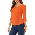 thumbnail image 4 of MODA NOVA Juniors Button Decor V Neck 3/4 Sleeve Solid Knitted Ruched Blouse, 4 of 5