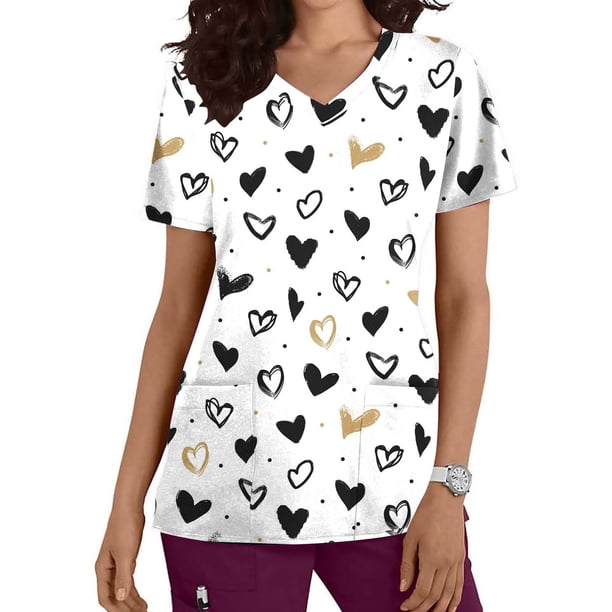Fiudx Ofertas y Liquidaciones Blusa de Manga Corta con Cuello En V para Mujer, Uniforme, Blusa con Bolsillos Estampados para El Día de San Valentín, Enfermería