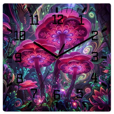Wall Clock Pink Neon Mushrooms Operated Square Clocks Wooden Silent Non-Ticking Wallclock 12 Inch Fantasy Shiny Moon Snails Wood Wall Clock for Living Room Bedroom Office Shool Home Decor