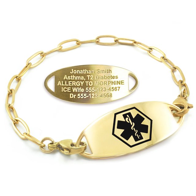 MedicEngraved Bracelet d'Alerte Médicale Personnalisé en Acier Inoxydable Or Jaune - Maillon Trombone 4 mm