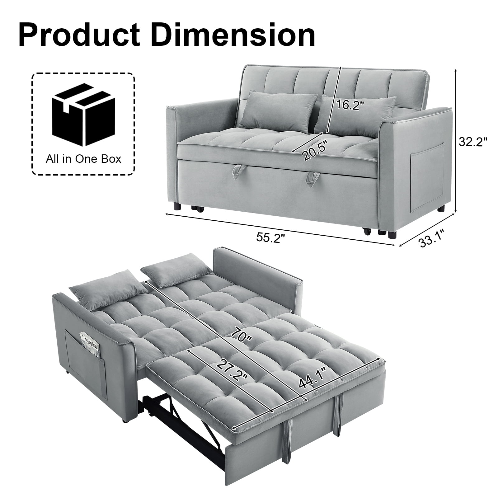Aisword 3 in 1 Convertible Sleeper Sofa Bed, 55'' Loveseat Sleeper Sofa, Pull Out Couch Bed with Side Pocket & Adjustable Backrest for Living Room, Velvet Fabric, Light Gray