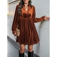 thumbnail image 6 of Women Elegant Retro Short Loose V-Neck Long Sleeve Velvet Solid Color Dress Fall Winter Fashion Clothing Orange M, 6 of 9