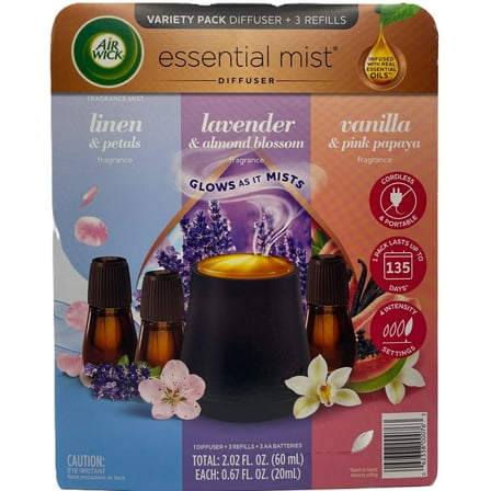 Air Wick 3300832 Essential Mist Kit, Cordless Diffuser with 3 Refills (Linen, Lavender, Vanilla)