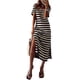 thumbnail image 1 of Vestido largo negro blanco a rayas diseño con abertura lateral cuello en V vestido informal cómodo para mujer, 1 of 6