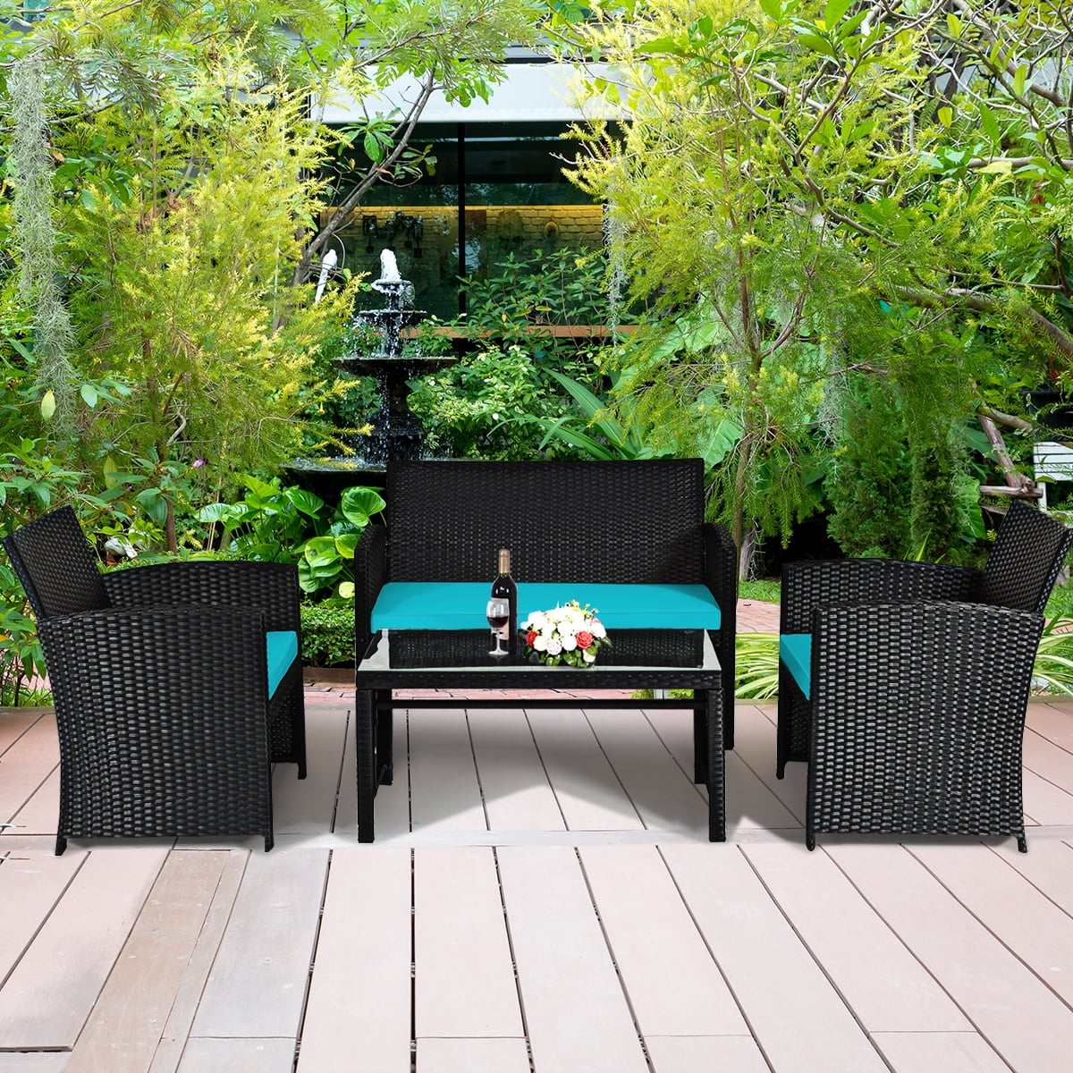 Patiojoy 4 Piece Outdoor Patio Rattan Furniture Set Turquoise Cushioned
