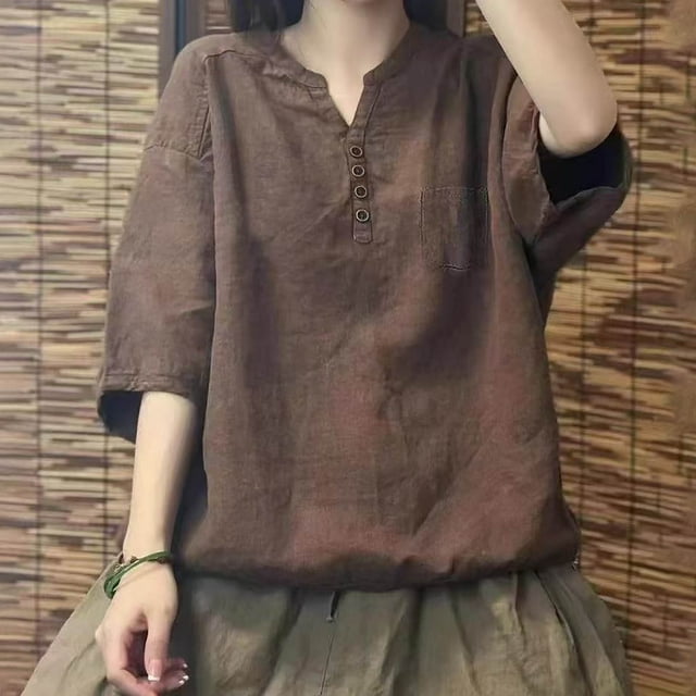 mfyjkho Tops De Moda Para Mujer, Camiseta De Mujer Con Cuello En V, Manga Corta, Color Liso, Moderna Y Cómoda, Con Botones Y Bolsillo. Tops Y Blusas Para Mujer L