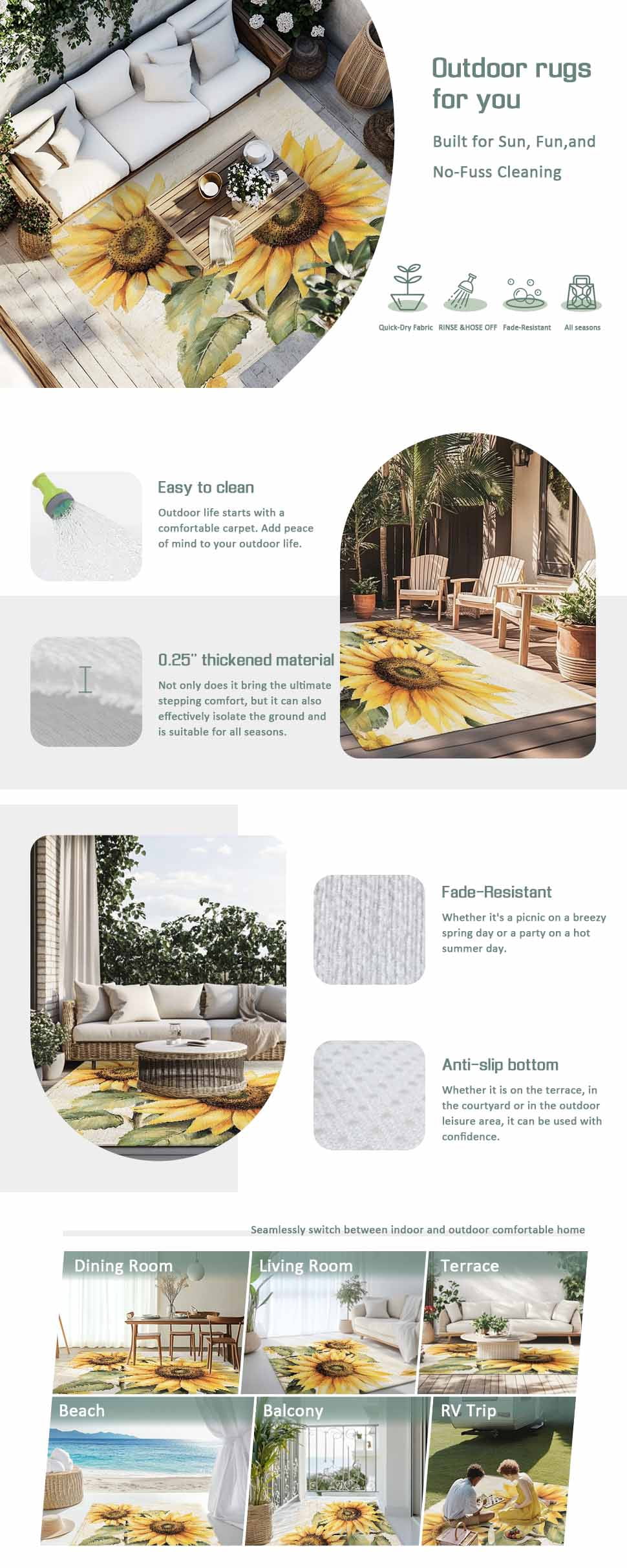 Sunflower Blossom Outdoor Rug 5x7 Ft - Reversible Patio Rug Outdoor Camping Rugs, Spring Summer Retro Botanical Floral Washable Indoor Outdoor Area Rugs, Non-Slip Outdoor Carpet Runner for Deck/Porch
