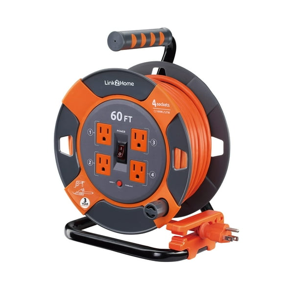 Link2Home Cord Reel 60 ft. Extension Cord 4 Power Outlets &ndash; 14 AWG SJTW Cable. Heavy Duty High Visibility Power Cord.