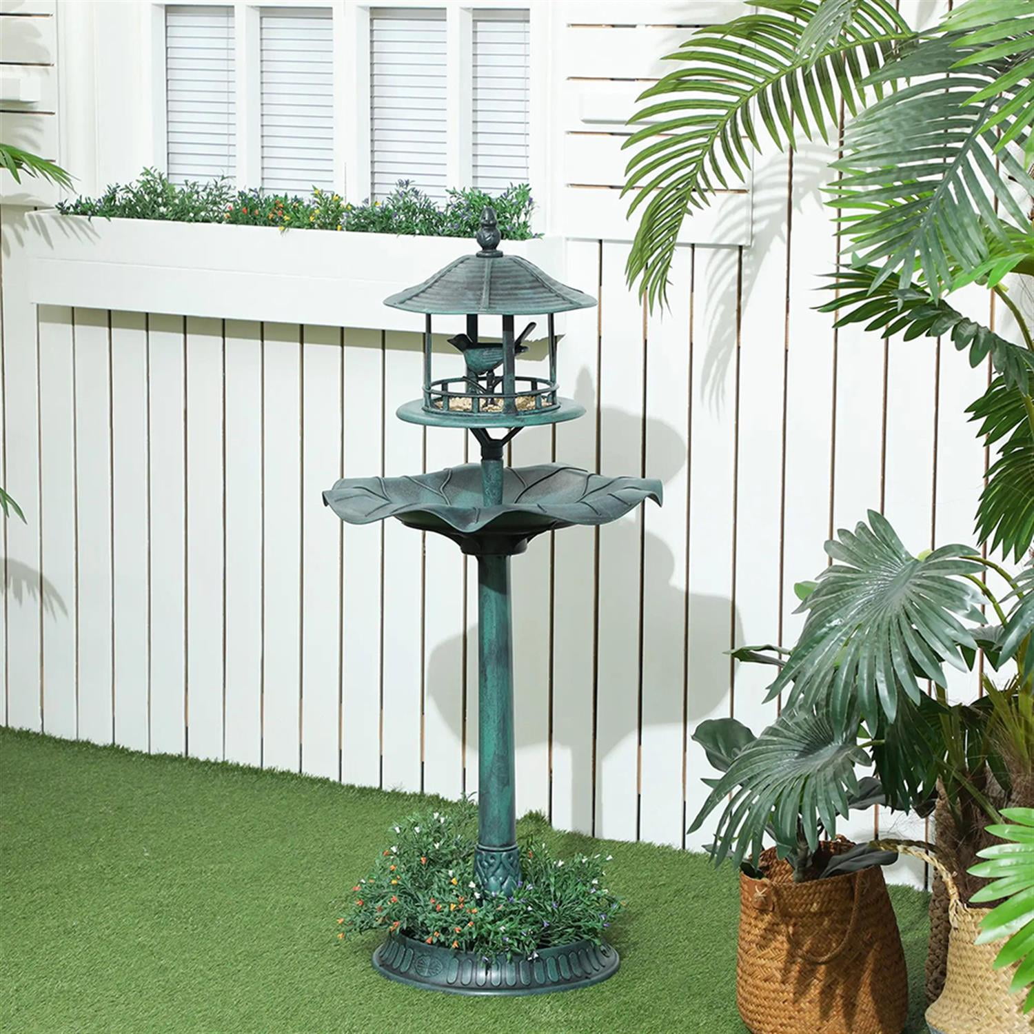resenkos 3-in-1 Outdoor Flower Birdbath with Bird Feeder, Charming Garden Accent to Attract Birds, Durable Resin Construction for Patio, Deck, or Yard, Green