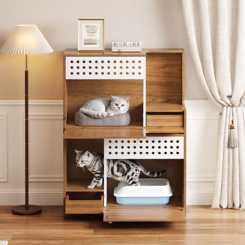 Modern Cat Litter Box Enclosure, 2-in-1 Cat Furniture Side Table with Hidden Litter Box and Storage for 2 Cats, Brown