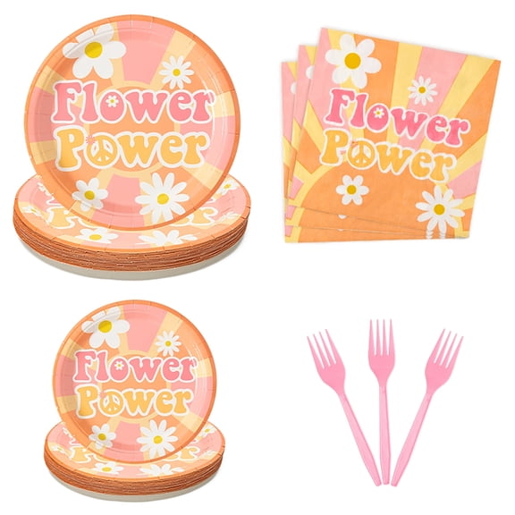 2ooya Boho Hippie Girl Birthday Party Tableware Set Includes Plate Napkin Fork Kit with Sun Daisy Sign, 96Pcs